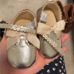 Janie and Jack 3-6 months infant Metallic Gold Bow Mary Jane Shoes